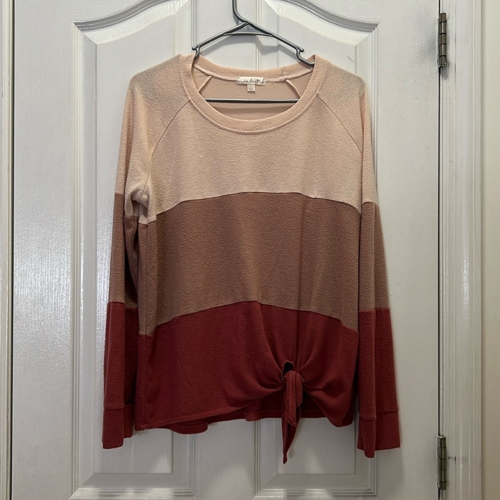 Nine Britton Womens Large Araya Front Tie Brushed Knit Top Blush Tan